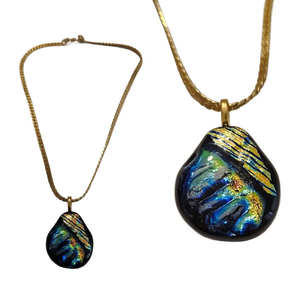 Handcrafted Fused Glass Pendant Necklace: Blue Gold Iridescent Dichroic Jewelry